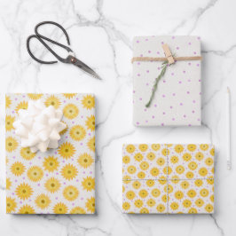 Lila Polka-Dots mit gelben Blüten, handgezeichnet Geschenkpapier Set