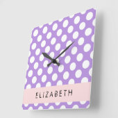 Lila Polka Dots, Polka Dot Pattern, Ihr Name Quadratische Wanduhr (Winkel)