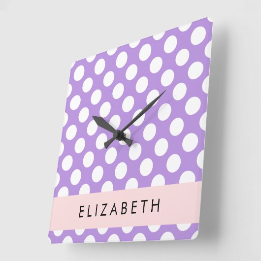 Lila Polka Dots, Polka Dot Pattern, Ihr Name Quadratische Wanduhr (Winkel)