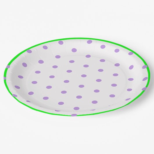 Lila Polka-Punkte grün Pappteller (Schrägansicht)