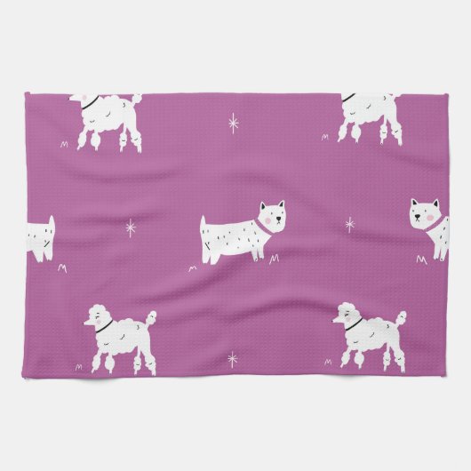 Lila Poodle: monochromes Retro-Muster Geschirrtuch (Horizontal)