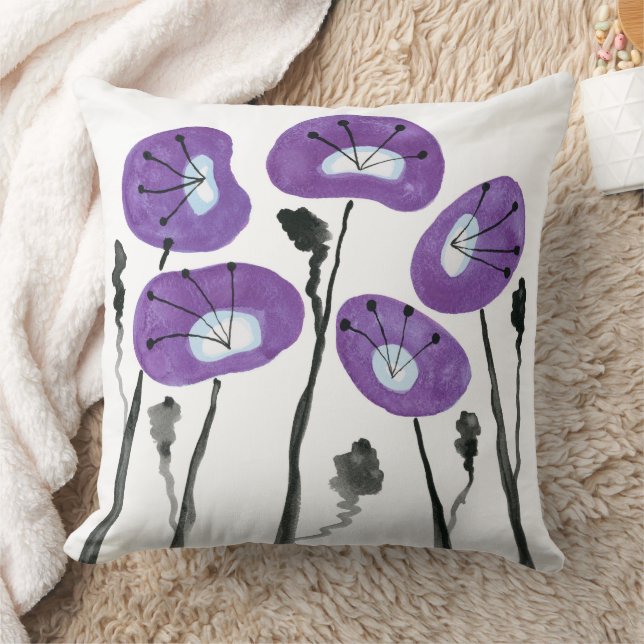 Lila Poppies Boho Moderne Aquarellfarben Blume Kissen (Decke)