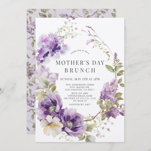 Lila Poppy & Lilac Blumenbrunch Einladung (Vorne/Hinten)