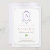 Lila Preppy Tennis Wappen 1. Geburtstag einladen Dankeskarte (Vorne/Hinten)