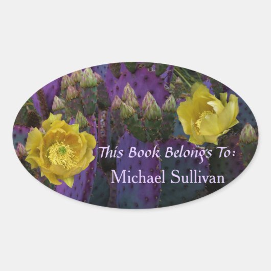 Lila Prickly Birne Opuntia Kaktus Gelbe Blüten Ovaler Aufkleber (Vorderseite)