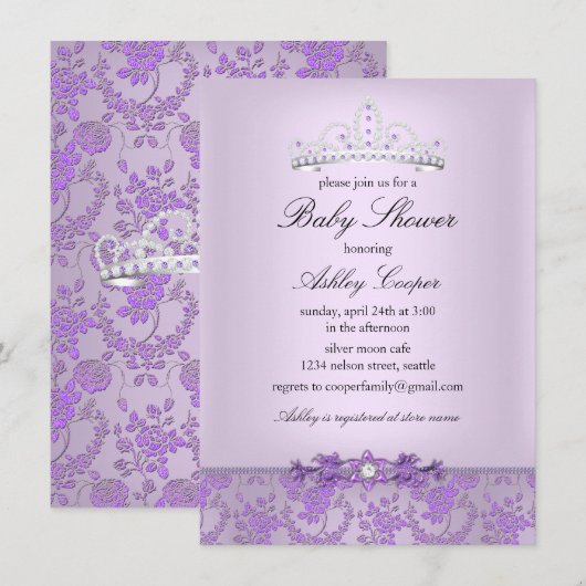 Lila Princess Baby Dusche Tiara Einladung (Vorne/Hinten)