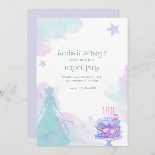 Lila Princess Girl Birthday Party Einladung (Vorne/Hinten)