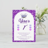 Lila Princess Glitzer 1. Geburtstag Einladung (Stehend Vorderseite)