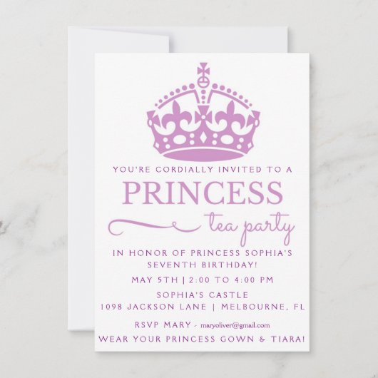 Lila Prinzessin Tea Party Geburtstag Einladungen (Vorderseite)