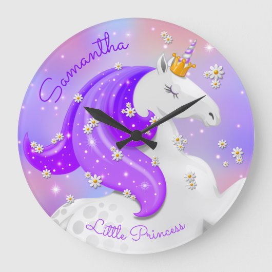 Lila Prinzessin Unicorn Kinderzimmer Große Wanduhr (Vorderseite)