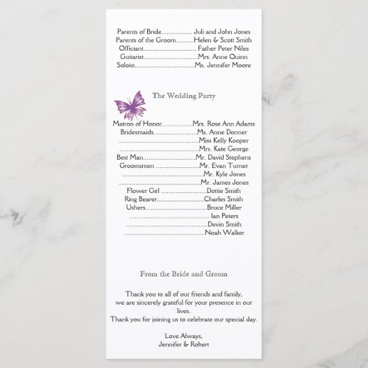 Lila Programm für Butterfly-Herz-Hochzeiten (Rückseite)