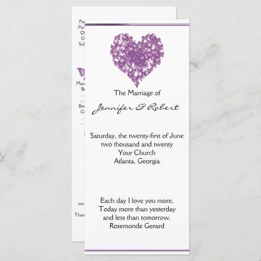 Lila Programm für Butterfly-Herz-Hochzeiten (Vorne/Hinten)