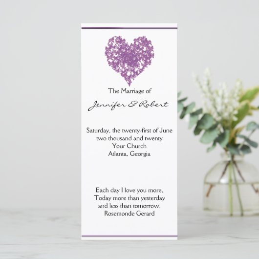 Lila Programm für Butterfly-Herz-Hochzeiten (Stehend Vorderseite)