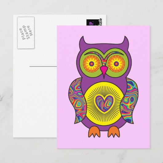 Lila Psychedelic Owl Postkarte (Vorne/Hinten)