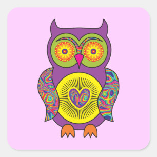 Lila Psychedelic Owl Quadratischer Aufkleber