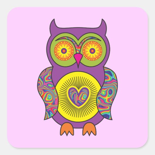 Lila Psychedelic Owl Quadratischer Aufkleber (Vorderseite)
