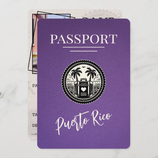 Lila Puerto Rico Passport Save The Date (Vorne/Hinten)