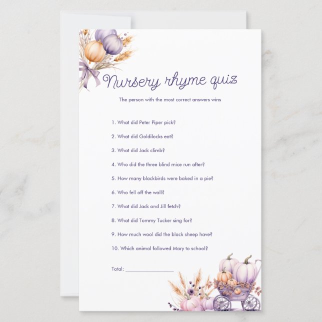 Lila Pumpkin Kinderzimmer Rhyme Quiz Baby Showspie (Vorderseite)