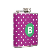 Lila Punkte-Muster Grünes Monogramm Flachmann (Rechts)