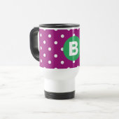 Lila Punkte-Muster grünes Monogramm Reisebecher (Vorderseite Links)