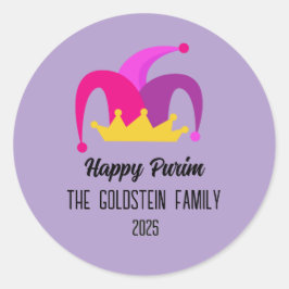 Lila Purim Clown Hat Familienname Runder Aufkleber