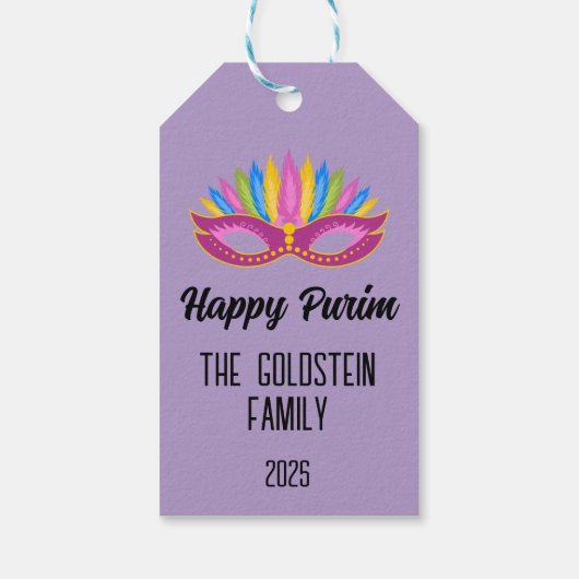 Lila Purimmaske mit Feathers Familienname Geschenkanhänger (Rückseite)