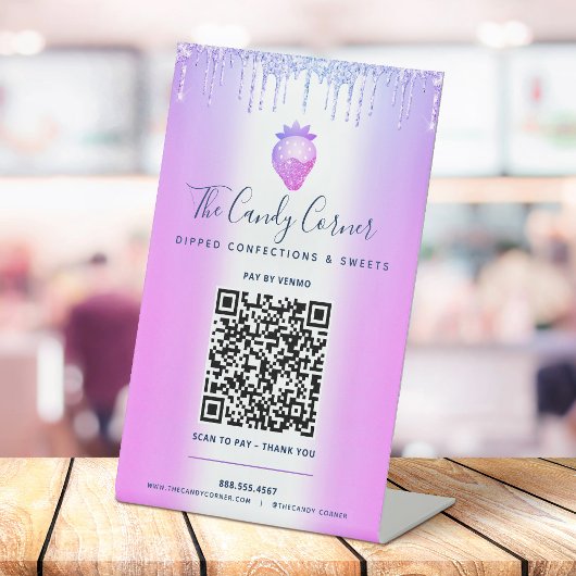 Lila QR Code Bezahlung hier Erdbeeren Glitzer Trop Sockelschild