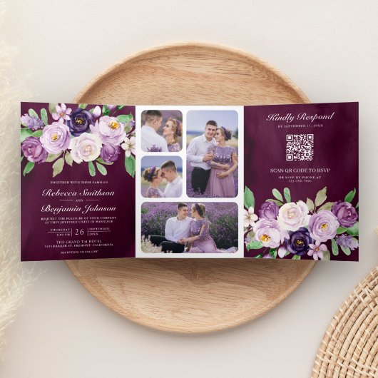 Lila QR Code Dunkle Moody Plum Hochzeit Dreifach Gefaltete Einladung