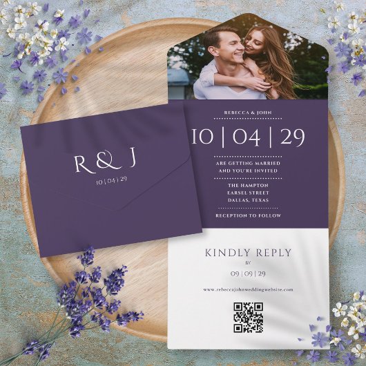 Lila QR-Code-Foto Hochzeitdatum All In One Einladung