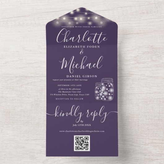 Lila QR Code Mason Jars String Lights Hochzeit All In One Einladung (Innen Boden)