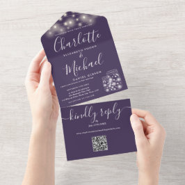 Lila QR Code Mason Jars String Lights Hochzeit All In One Einladung