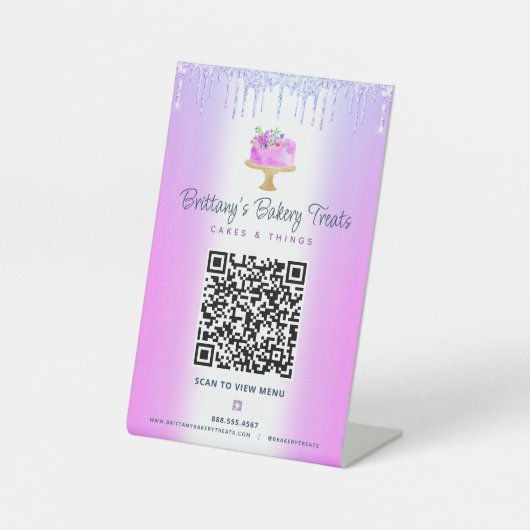 Lila QR-Code-Scan-Menü "Cake Glitzer Tropfen" Sockelschild (Vorderseite)