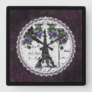 Lila quadratische Wand-mit Blumenuhr Paris Wanduhr