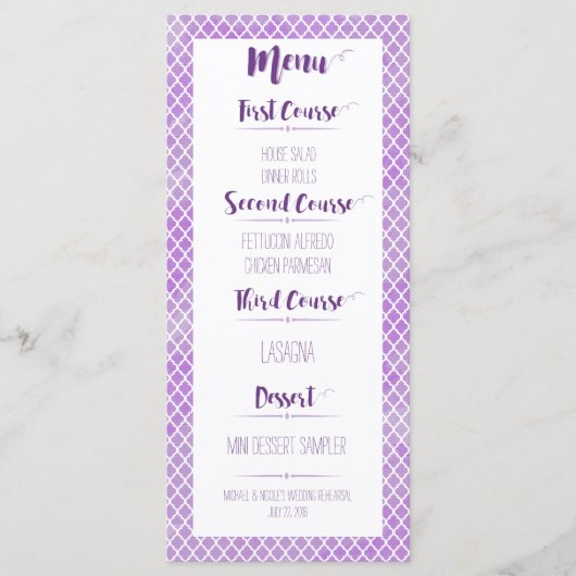 Lila Quatrefoil Menü Menükarte (Vorderseite)