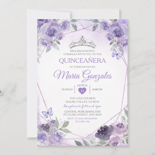 Lila Quinceañera 15 Anos Crown Mexican Butterfly Einladung (Vorderseite)