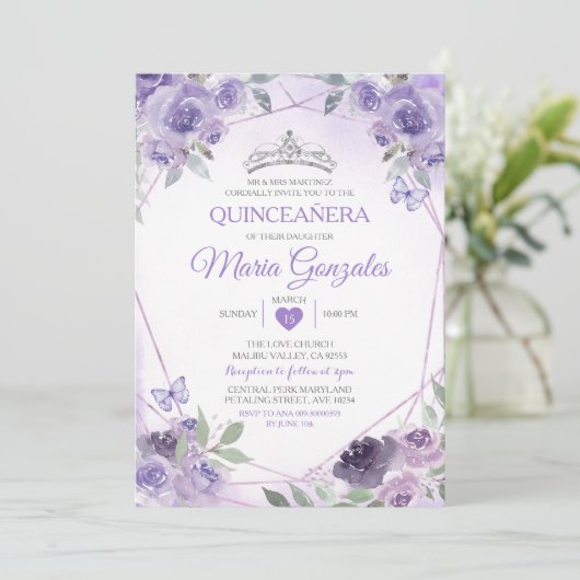 Lila Quinceañera 15 Anos Crown Mexican Butterfly Einladung (Stehend Vorderseite)