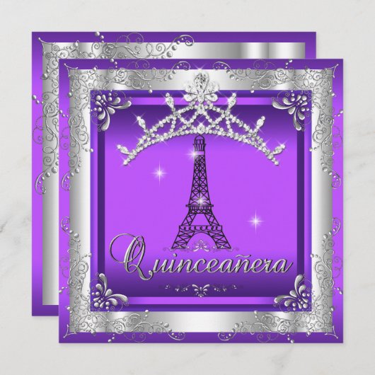 Lila Quinceanera 15 Silver Tiara Eiffelturm Einladung (Vorne/Hinten)