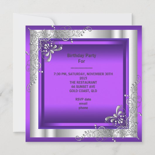 Lila Quinceanera 15 Silver Tiara Eiffelturm Einladung (Rückseite)