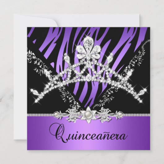 Lila Quinceanera 15. Zebra Tiara Diamond Einladung (Vorderseite)