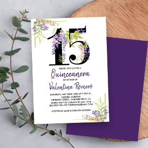 Lila Quinceanera-Blumenmuster Nummer 15 Geburtstag Einladung