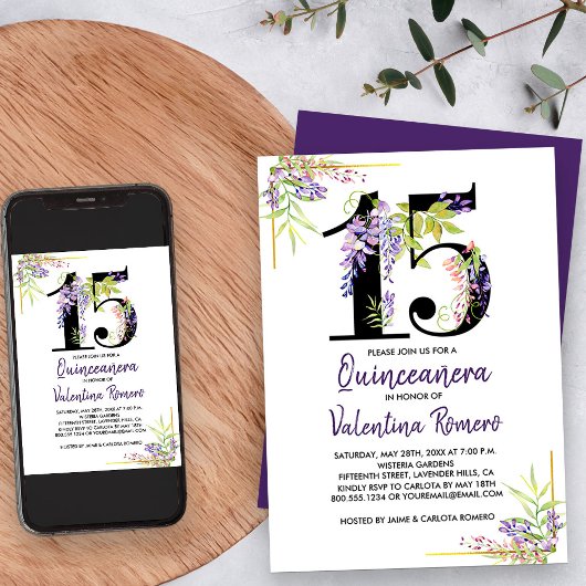 Lila Quinceanera Blumennummer 15 Geburtstag Einladung