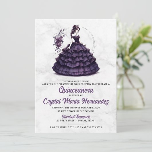 Lila Quinceañera Einladung (Stehend Vorderseite)