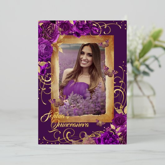 Lila Quinceanera Foto Rose Gold Butterfly Folieneinladung (Stehend vorne)