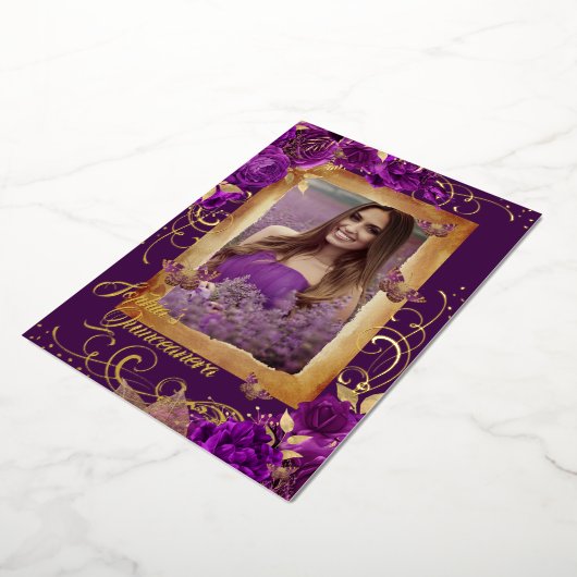 Lila Quinceanera Foto Rose Gold Butterfly Folieneinladung (Gedreht)