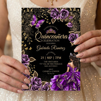 Lila Quinceañera Goldene Tiara Rosen Schmetterling Einladung