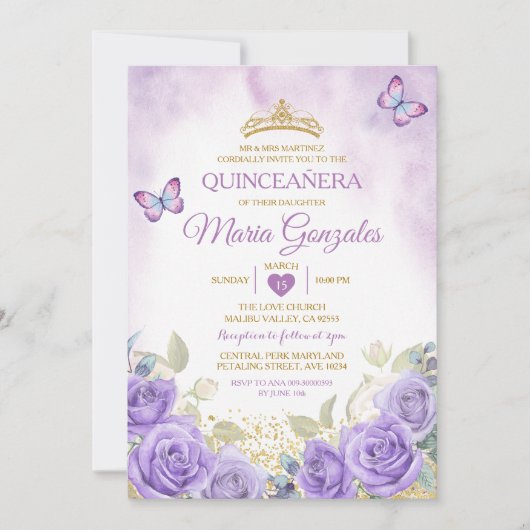 Lila Quinceañera Goldkrone Mexikos Schmetterling Einladung (Vorderseite)