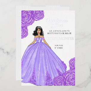 Lila Quinceanera-Kleid und Blumen Folieneinladung