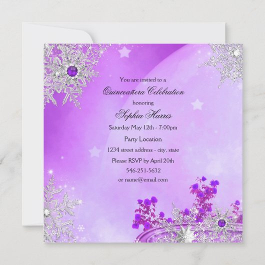 Lila Quinceanera Masquerade Magische Prinzessin Einladung (Rückseite)