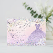 Lila Quinceanera Rett Date Holographic Confetti Einladung (Stehend Vorderseite)