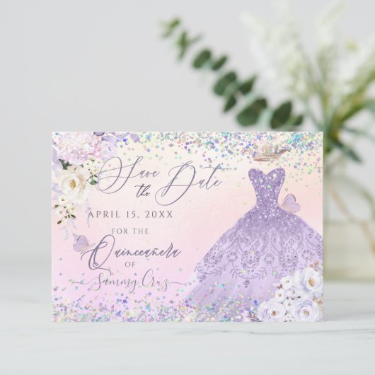 Lila Quinceanera Rett Date Holographic Confetti Einladung (Stehend Vorderseite)